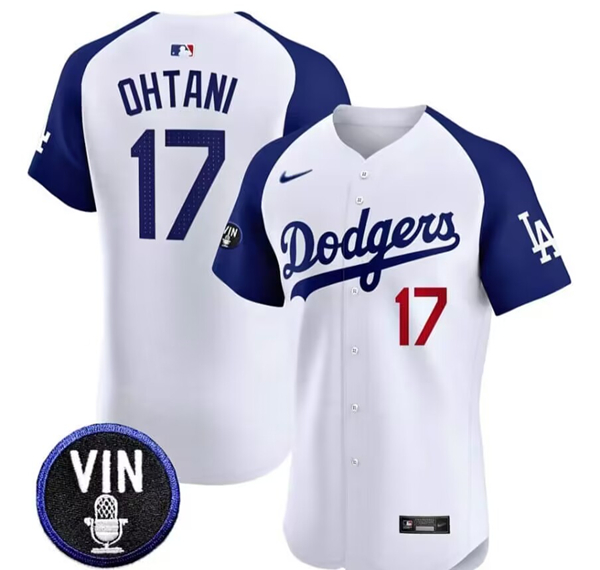 Los Angeles Dodgers #17 Shohei Ohtani White Vin Scully Patch Stitched Jersey